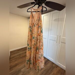 PQ Swim Peach Floral Tiered Maxi Dress with Teal & Orange Accents